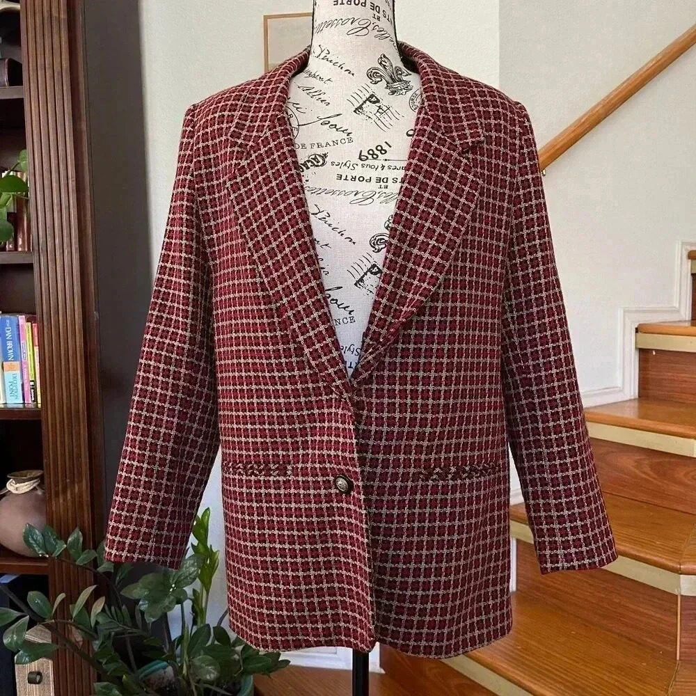 VTG Alfred Dunner Gingham Blazer Jacket Red Petite10 Wool Preppy Career Academia